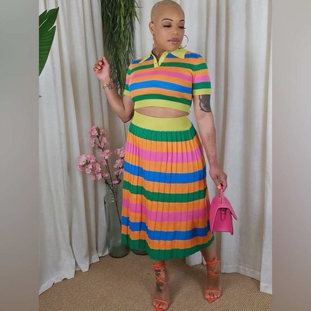 Women’s Colorful Rainbow Striped Cropped Shirt & Pleated Maxi Skirt Set Sz Large - Picture 8 of 12
